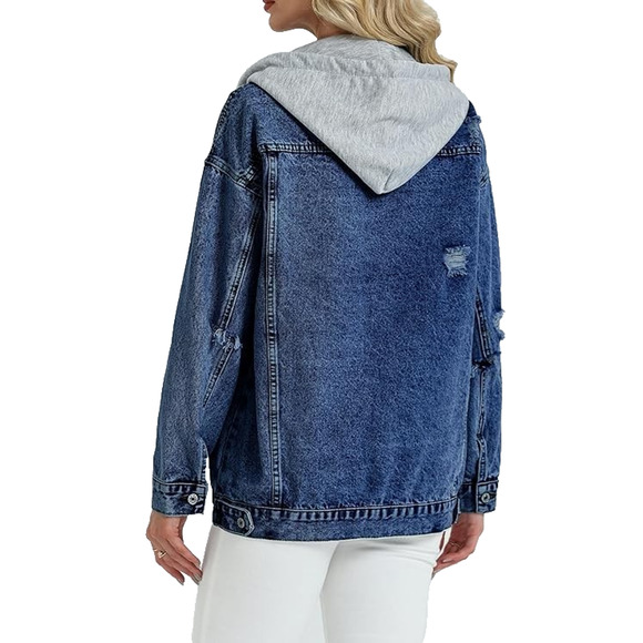 Womens Oversized Dark Denim Distressed Trucker Retro Grunge Hooded Jacket XXL - Picture 2 of 8